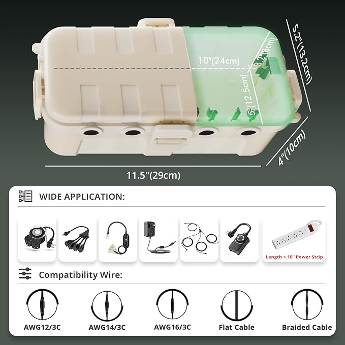 QUOBAS Outdoor Waterproof Electrical Box with 6 Cable Ports, IP54 Weatherproof Heavy-Duty Extension Cord Cover for Power Strips, Garden Power Tools, Holiday Lights, Almond