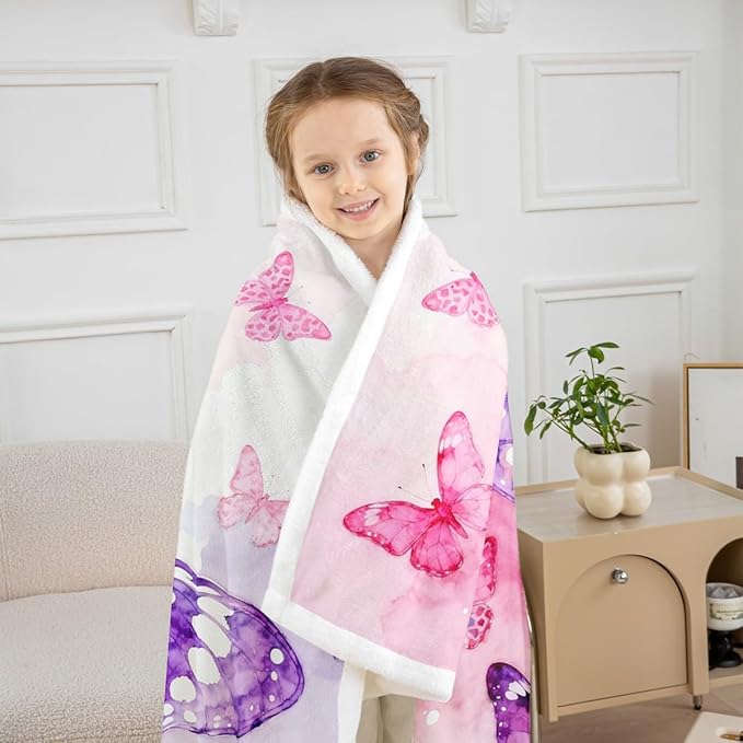 Feelyou Girls Watercolor Butterfly Fleece Throw Blanket Baby 30"x40" Kids Pink Purple Sherpa Blanket Plush Fuzzy for Bed Couch Chair Living Room, Girly Bed Blanket Room Decor