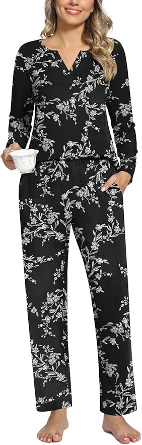 Anyally Women's Plus Size Pajama Sets Ladies Fall Pjs 2 Pieces Lounge Outfits V Neck Long Sleeves Sleepwear with Pockets
