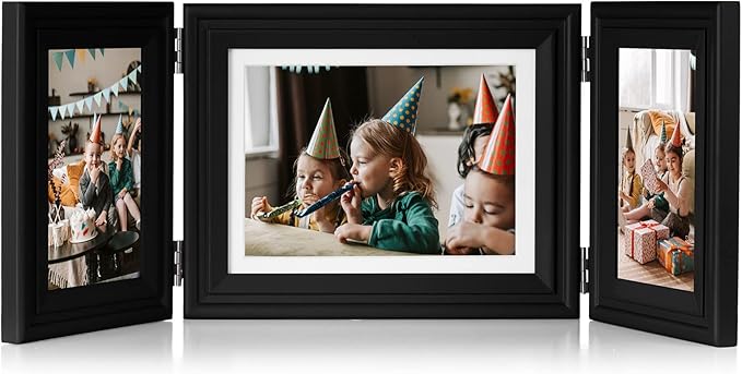 3 Vertical Horizontal Hinged Wood Picture Frame 4x6 and 5x7 Triple Folding Photo Frame Home Decor with Real Glass Front in Black for Tabletop, Display 4x6 with Mat or 5x7 without Mat