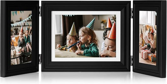 3 Vertical Horizontal Hinged Wood Picture Frame 4x6 and 5x7 Triple Folding Photo Frame Home Decor with Real Glass Front in Black for Tabletop, Display 4x6 with Mat or 5x7 without Mat