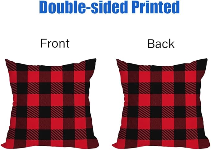 Fukeen 2 Pack Waterproof Outdoor Christmas Pillow Covers 24x24 Inch Red and Black Buffalo Plaids Checked Throw Pillow Cases New Year Winter Farmhouse Decorations Cushion Cover Double Sided