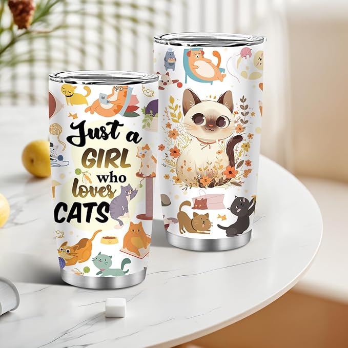 Cat Gifts for Women, Just a Girl Who Loves Cats Tumbler with Straw 20 Oz, Animal Lovers Gifts for Thanksgiving Christmas, Cat Themed Gift for Cats Mom Lover, Kitty Insulated Travel Cup, 1 PCS
