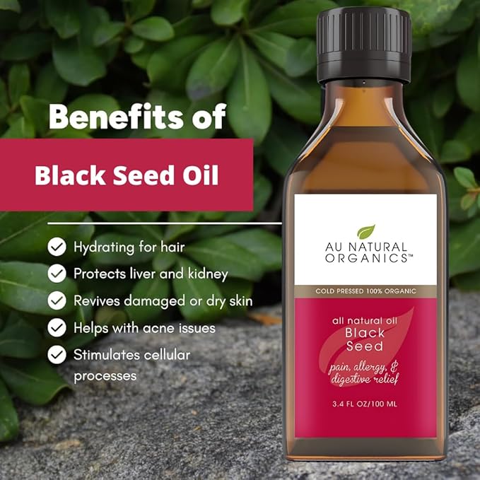 Au Natural Organics Black Seed Oil - USDA Certified Organic Black Seed Oil (Nigella Sativa) Cold Pressed for Supplements, Hair Growth, Strengthen Immunity, Digestive Health & Brain Support - 3.4 Oz
