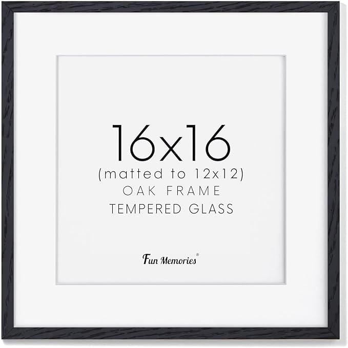 16"x16" Picture Frame in Black, Solid Oak Wood Frame 16x16, 16x16 Frame Matted to 12x12, Square Photo Frame 16x16 Inch - Tempered Glass (Black, 1 Pack)