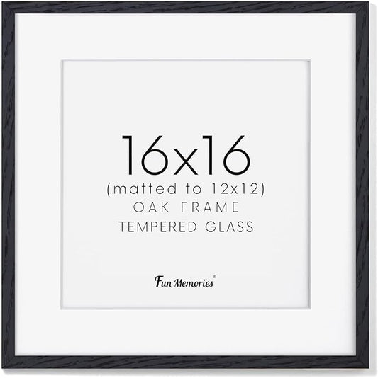 16"x16" Picture Frame in Black, Solid Oak Wood Frame 16x16, 16x16 Frame Matted to 12x12, Square Photo Frame 16x16 Inch - Tempered Glass (Black, 1 Pack)