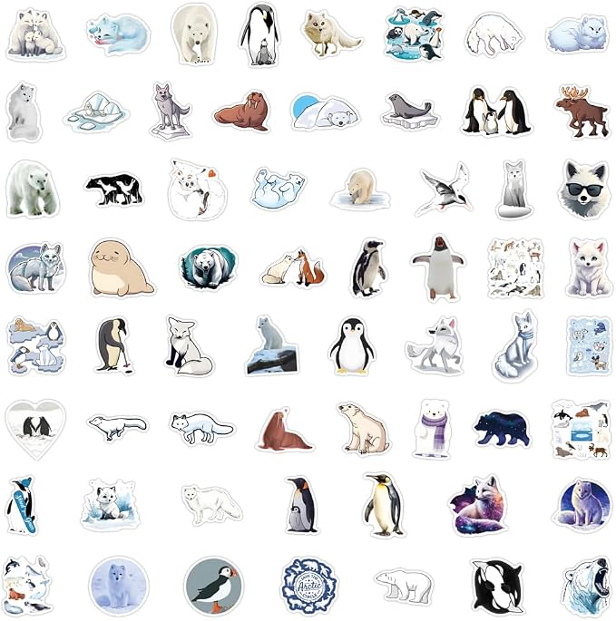 60Pcs Artic Animals Sticker, Cute Stickers for Kids Teens Adults, Vinyl Cartoon White Animals Decals Kawaii Sticker for Decor Water Bottles Laptops Guitar Scrapbook