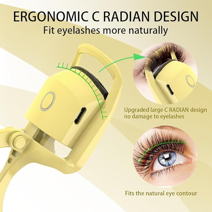 Heated Eyelash Curler, Fast 5s Heat up, 24 Hours Long Lasting, Rechargeable Electric Lash Curler, Temperature Control, Safe Anti-Burn Eye Lash Curler, Quick Natural Curling Lashes (Yellow)