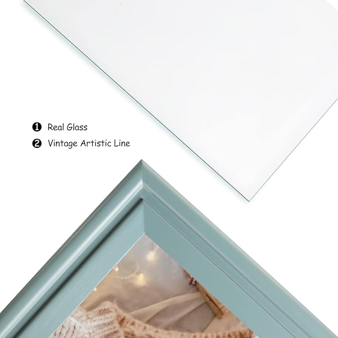 4x6 Double Hinged Picture Frame Folding Photo Frame Vertical and Horizontal in Teal Blue Pine Wood with Real Glass for Tabletop X2-LAN-SH46