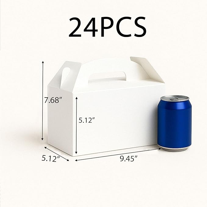 24Pack Large Party Favor Boxes,White Treat Boxes,XiePiPiPaper(9.45 * 5 * 5"),Large Goodie Boxes, Gable Gift Boxes with Handles,Candy Boxes for Kids Birthday Baby Shower Wedding Halloween Christmas.