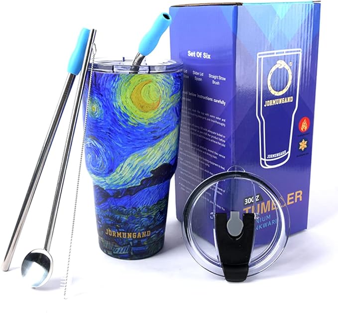 Jormungand 30 oz Tumbler with Straw Stainless Steel Vacuum Insulated Water Bottle with Replacement Lids Cup Holder Friendly Coffee Mug with Leak Proof Lid Gift for Women&Men (Starry Night)