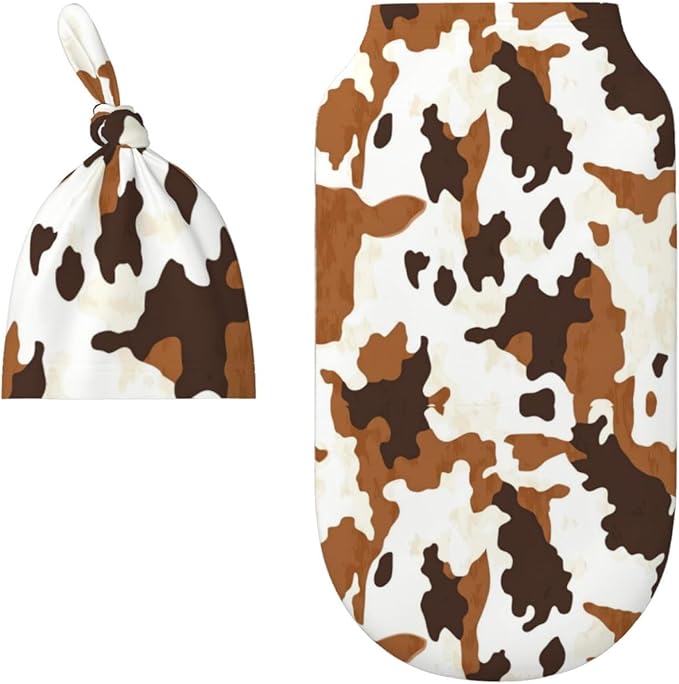 Newborn Swaddle Blankets and Hat Set Soft Cotton Baby Swaddle Wrap Warm Infant Receiving Blanket Cow Print-8