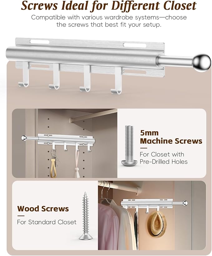 Valet Rod for Closets, 12" Valet Rod With 4 Hooks, Closet Organizer Slide Out Clothing Hanger Rods Extender Perfect for Suits,Dresses,Belt,Tie, Polished Chrome