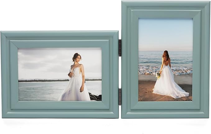 Horizontal & Verticall 4X6 Picture Frames Double Hinged Wood Folding Photo Frames with Real Glass Front Fit for Desktop or Tabletop, Teal Blue XLAN-H64-V46