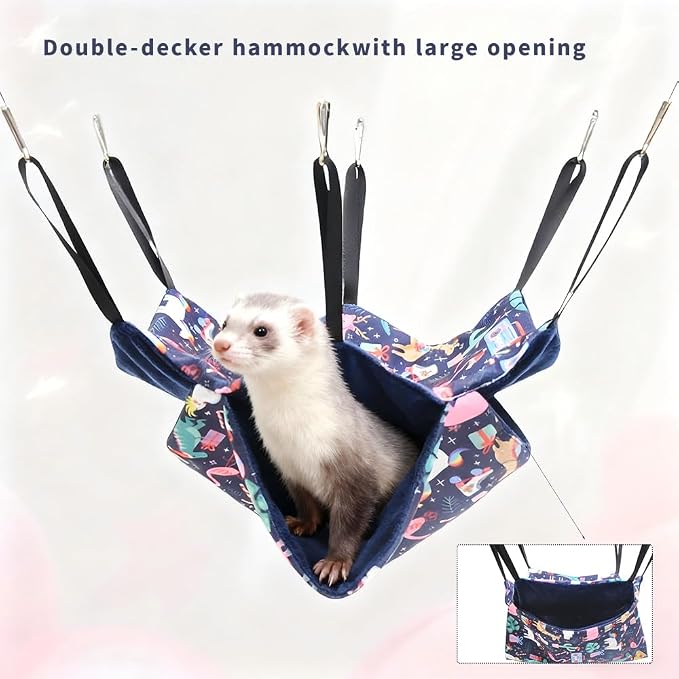 JNJNCWYP 4 Pack Ferret Hammock Set, Hanging Soft Small Animal Hammocks with Hideout,Tunnel and Double Layer,Cage Accessories for Ferret,Rats,Sugar Glider,Squirrel(Navy Blue)
