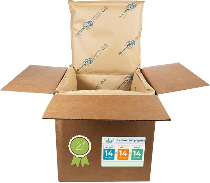 IDL Packaging 14" x 14" x 14" Insulated Shipping Box (USA-Made, 5.8-Gallon Capacity), Pack of 1 - Includes EcoMax™ Thermal-Paper Liners, Absorb Condensation - For Frozen Food, Meat, or Fish