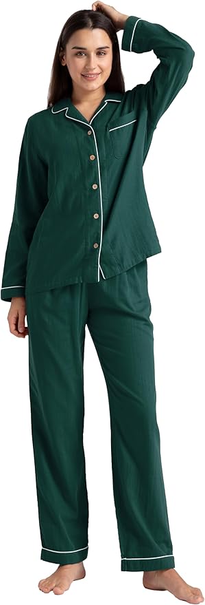 Womens Pajama Sets 100% Double Gauze Cotton Linen Like Muslin Pajamas Long Sleeve Button Down Sleepwear Soft Pjs Lounge Set