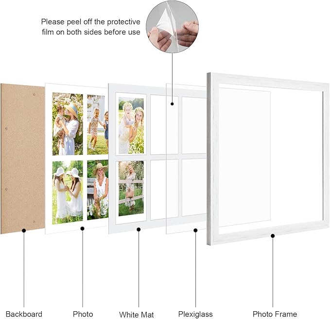 13x13 Collage frame with 6 Openings 4X6 Pictures, Multiple Picture Frame with Mat, Wall or Tabletop Decor, White Wood Grain,2 Pack