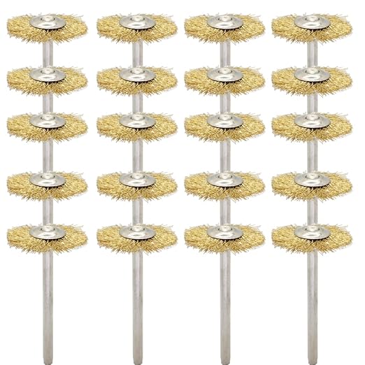 20PCS T-Shaped Brass Wire Brushes - Metal Rust Removal, Cleaning, and Polishing - 22mm Diameter, 1/8″ (3mm) Shaft - Removes Burrs and Oxide Layer - Handles Rough Surfaces - Rotary Tool Accessories