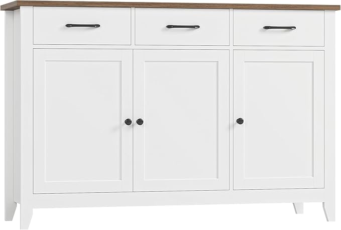HORSTORS 47" Buffet Cabinet with Storage, Kitchen Buffet Table with Drawers, Modern Farmhouse Coffee Bar Storage Cabinet with Adjustable Shelf, Wood Sideboard for Dining Room, Kitchen, Entryway, White