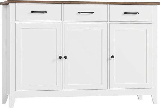 HORSTORS 47" Buffet Cabinet with Storage, Kitchen Buffet Table with Drawers, Modern Farmhouse Coffee Bar Storage Cabinet with Adjustable Shelf, Wood Sideboard for Dining Room, Kitchen, Entryway, White