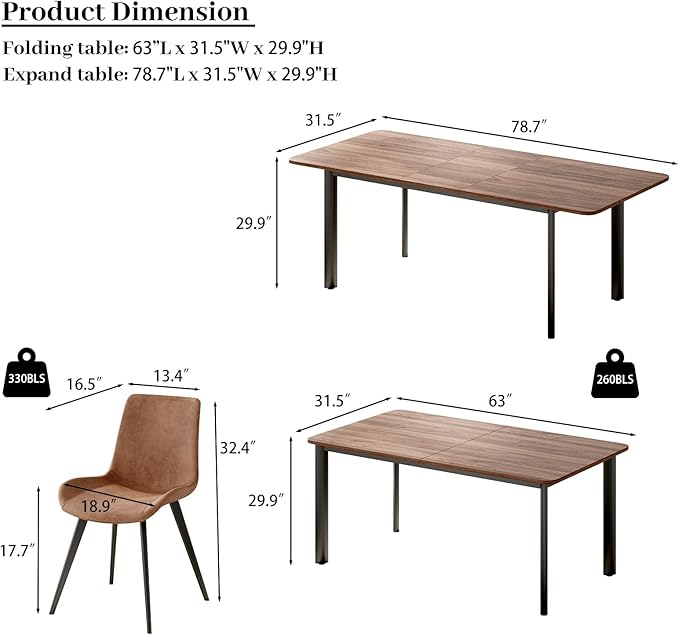 63"- 78.7" Extendable Dining Table Set for 6, Modern Kitchen Table with 6 Dining Chairs, Thickened Expandable Wooden Table with Metal Legs for Dining Room, Kitchen