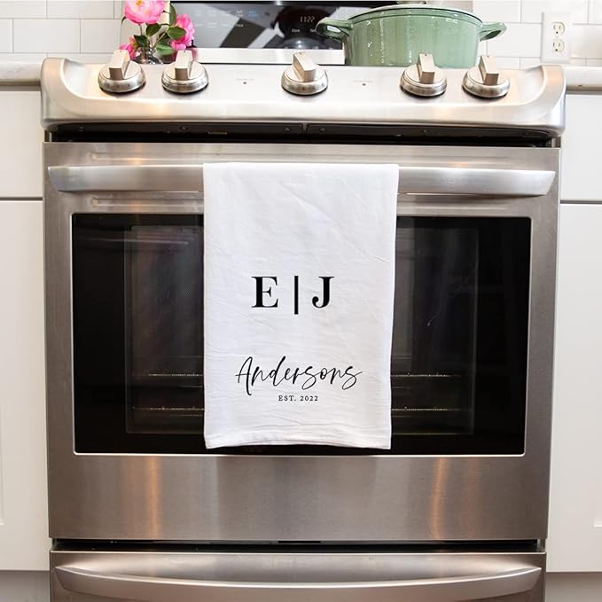 Andaz Press Personalized Kitchen Towel, Flour Sack Tea Towel, Couples Monogram Initials Last Name Custom Kitchen Gift, Wedding Housewarming for Couples, Bridal Shower Farmhouse