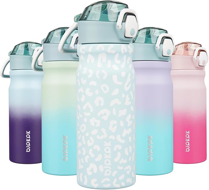 BJPKPK Insulated Water Bottle 18oz Stainless Steel Water Bottles with Straw and Carry Handle Double Wall Metal Thermal Flask,Light Blue Leopard