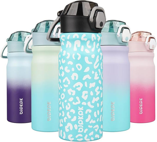 BJPKPK Insulated Water Bottle 18oz Stainless Steel Water Bottles with Straw and Carry Handle Double Wall Metal Thermal Flask,Sky Blue Leopard
