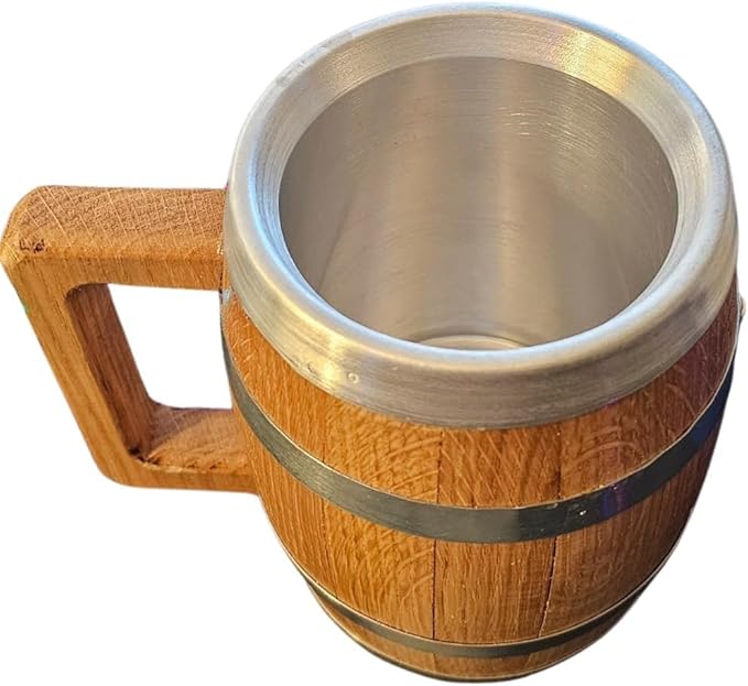 Personalized Oak Wood Barrel Beer Mug Tankard with Stainless Steel Interior - Classic Design - A Gift for Beer Lovers, Man Caves, Birthdays, and Special Occasions