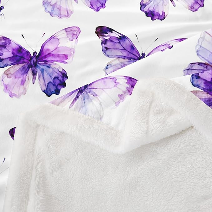 Feelyou Girls Purple Butterfly Fleece Throw Blanket 40"x50" Kids Watercolor Sherpa Blanket Plush Fuzzy for Bed Couch Chair Living Room, Chic Gorgeous Bed Blanket Room Decor