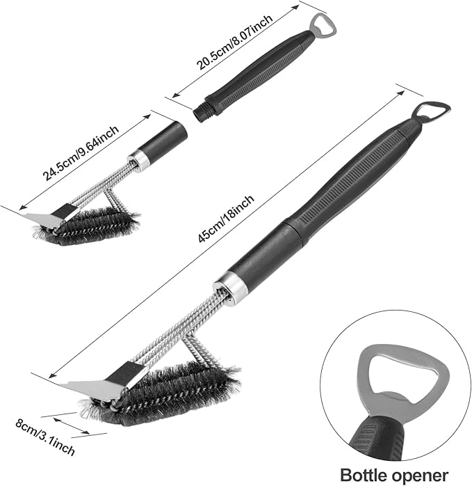 Grill Brush & Scraper BBQ Brush for Grill, 18" Stainless Steel Woven Wire 3 in 1 Bristles Grill Cleaning Brush with Bottle Opener & Clipping Hook