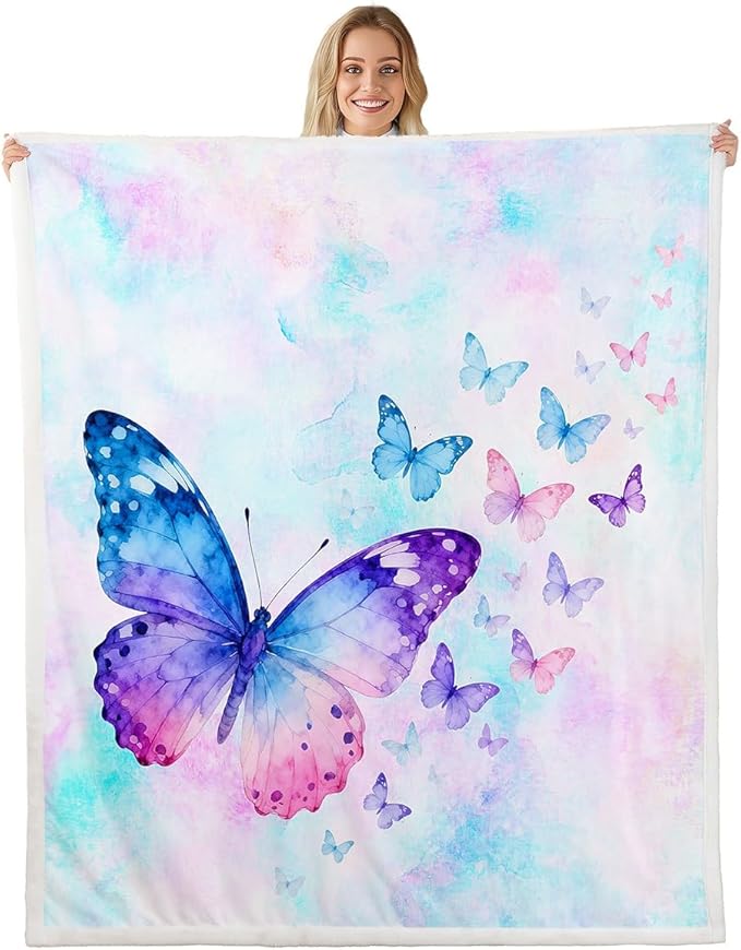 Feelyou Butterfly Fleece Throw Blanket Twin 60"x80" Kids Purple Blue Watercolor Sherpa Blanket Plush Fuzzy for Bed Couch Chair Living Room, Butterflies Lover Bed Blanket Chic Room Decor