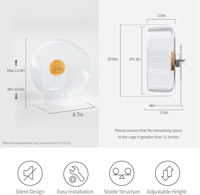 Niteangel Super-Silent Hamster Exercise Wheels: Quiet 10 inch Running Wheel | Can 10.6-13.4" Adjustable Height - No Bend Back Spinner Running for Dwarf Syrian Hamster Gerbils Mice Or Other Small Animal