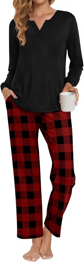 Anyally Women's Plus Size Pajama Sets Ladies Fall Pjs 2 Pieces Lounge Outfits V Neck Long Sleeves Sleepwear with Pockets