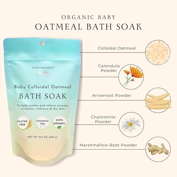 Oatmeal Baby Bath Powder for Eczema by Irene Organics - Colloidal Oatmeal for Soothing Treatment of Eczema, Diaper Rash, Dry Skin, Itching and Irritation - Moisturize and Sooth Baby and Toddler Skin