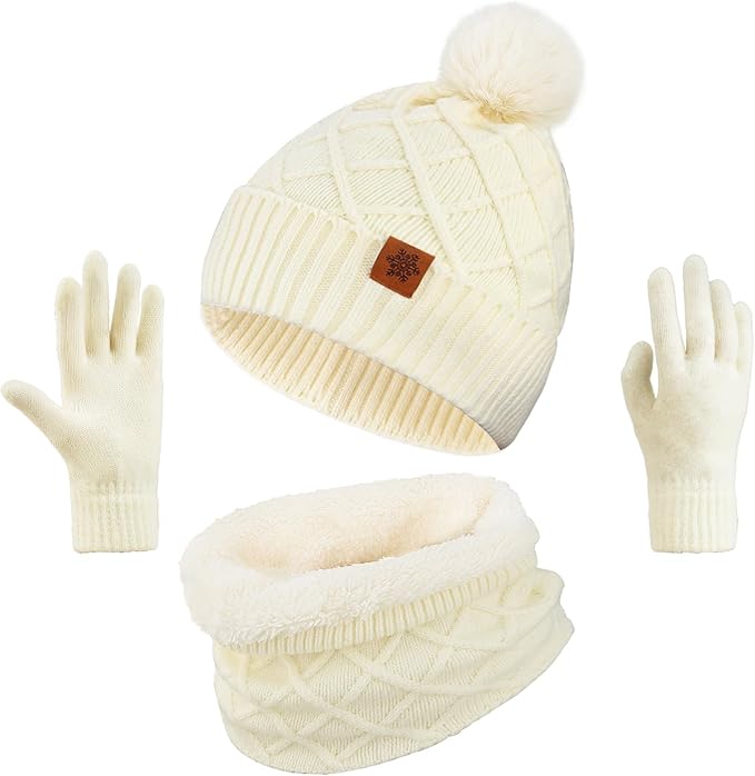 YARIEW Winter Hat Neck Warmer and Gloves Set for Women, Warm Knitted Beanie with Pom Pom, Soft Ear Warmer Scarf, Warm Gloves