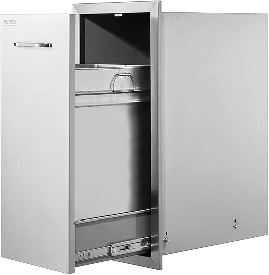 VEVOR Pull-Out Trash Drawer 13.4"W x 25.7"H x 19.6"D Lower Sliding Rails Steel Roll-Out Trash Bin Pull-Out Tray Outdoor Handled Kitchen Trash Drawer for BBQ Island Grill Station Trash Can NOT Included
