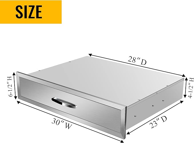 Outdoor Kitchen Drawers Stainless Steel 30W X 6.5H X 23D Inch, Flush Mount Single BBQ Island Drawers with Handle for Outdoor Kitchens, Patio or Grill Station