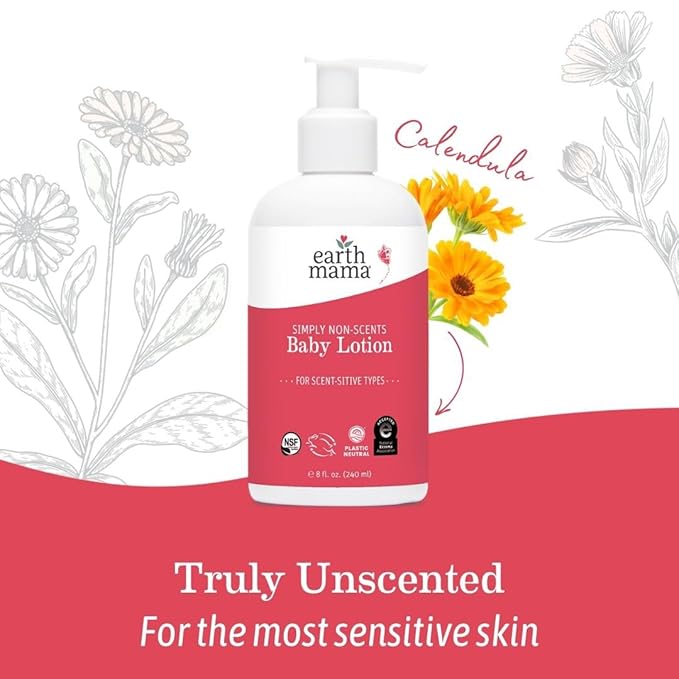 Earth Mama Simply Non-Scents Baby Lotion for Dry Skin, Calendula Cream, Skin Care for Kids, Organic Moisturizer, Unscented Lotion with Aloe, Rooibos, & Shea Butter, 8-Fl oz (2-Pk)