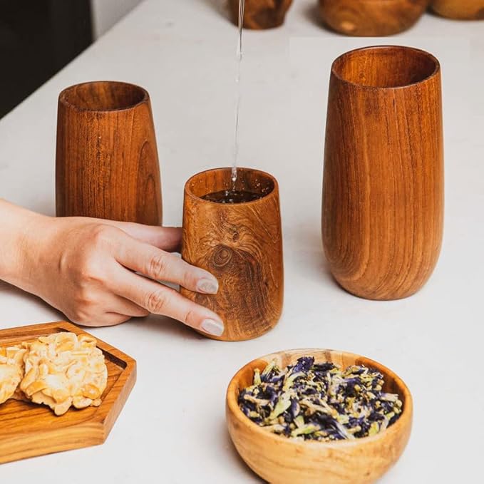 Rainforest Bowls Set of 4 Small Rounded Javanese Teak Wood Cup- 225ml (7.6 oz)- Great for Tea/Coffee/Milk, Hot & Cold Drinks- Ultra-Durable- Premium Wooden Cup Handcrafted by Indonesian Artisans