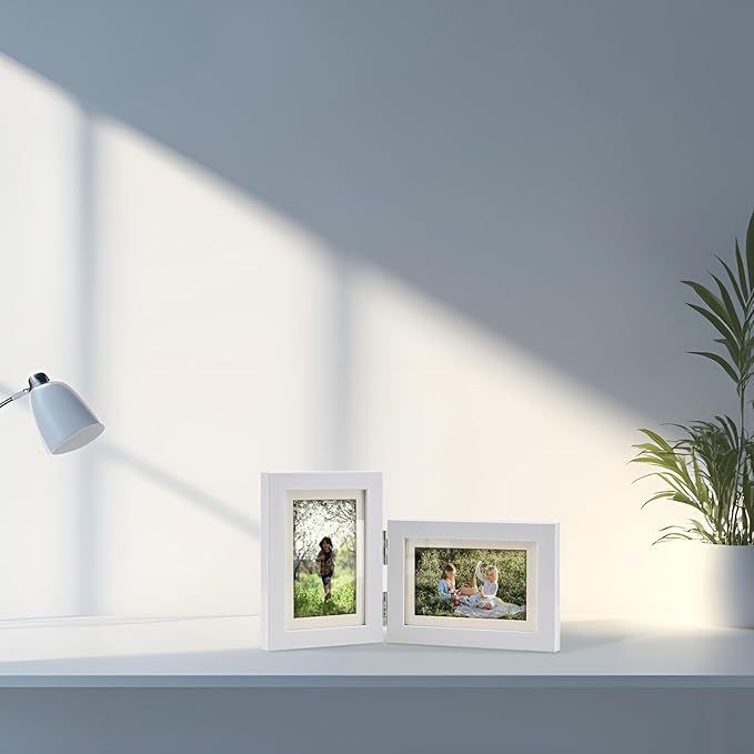 Double Hinged 5x7 Picture Frame with Tempered Glass-Tabletop or Wall Mounted, Display for 4x6 & 5x7 Photos (with/without Mat)-Matte White, For Family Photos & Wedding Memories-B5775