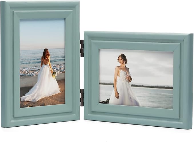 Vertical & Horizontal 4X6 Picture Frames Double Hinged Wood Folding Photo Frames with Real Glass Front Fit for Desktop or Tabletop, Teal Blue XLAN-V46-H64