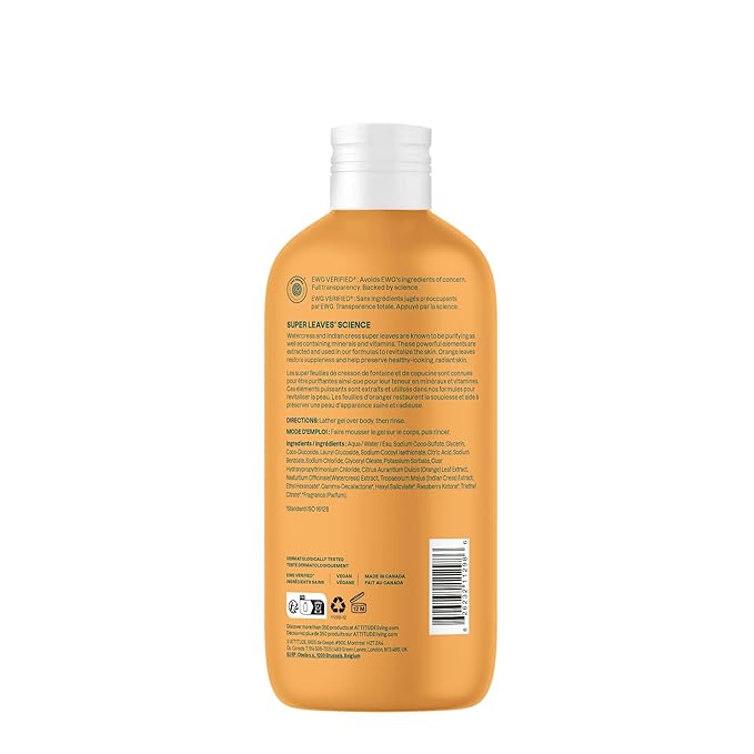 ATTITUDE Body Wash, EWG Verified Shower Gel, Dermatologically Tested, Plant and Mineral-Based, Vegan Personal Care Products, Orange Blossom & Eucalyptus, 16 Fl Oz