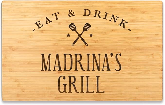 Andaz Press Large Bamboo Wood BBQ Cutting Board Gift, 17.75 x 11-inch, Madrina's Grill, 1-Pack, Laser Engraved Serving Chopping Board Christmas Birthday Chef Kitchen Ideas