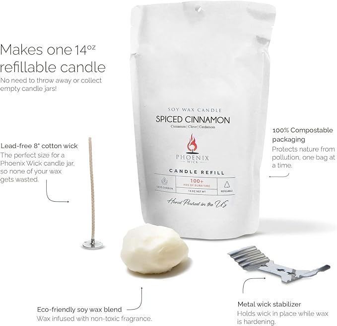 Phoenix Wick Candle Making Kit – Transform Anything Into A Candle – Candle Making Kit with Wick + 14oz Wax (Spiced Cinnamon Scent)