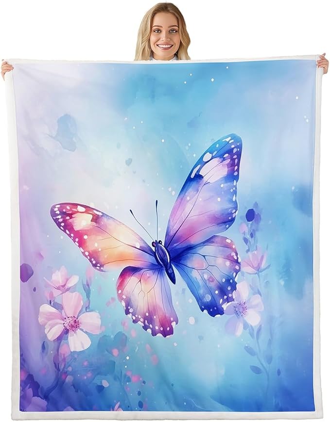 Feelyou Blue Butterfly Fleece Throw Blanket 40"x50" Kids Girls Sherpa Blanket Plush Fuzzy for Bed Couch Chair Living Room, Watercolor Floral Bed Blanket Chic Room Decor
