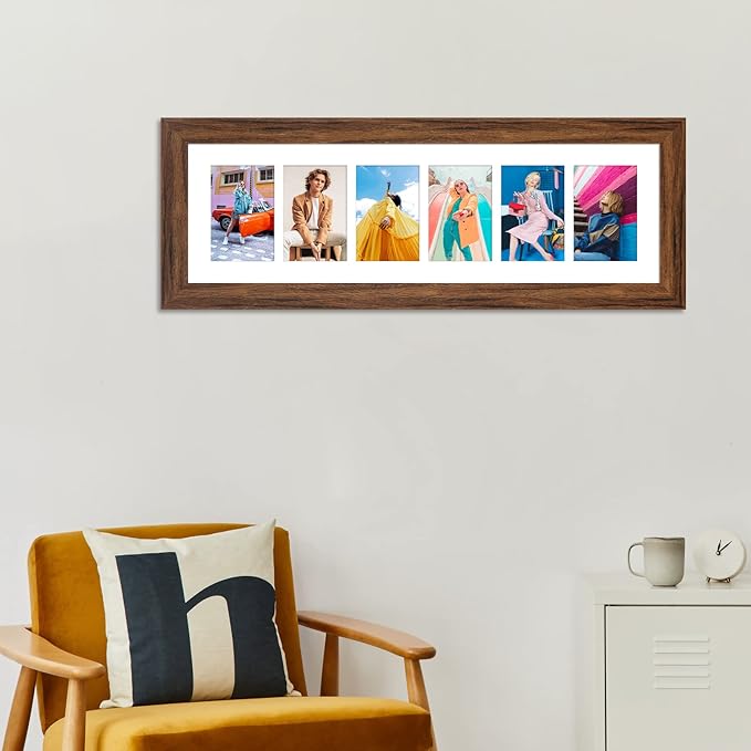 8x26 Picture Frame Display 6 opening 4X6 Picture Frame Collage,Multi Photo Frame with Mat,Plexiglass,Wall or Tabletop Decor,Carbonized Brown Wood Grain