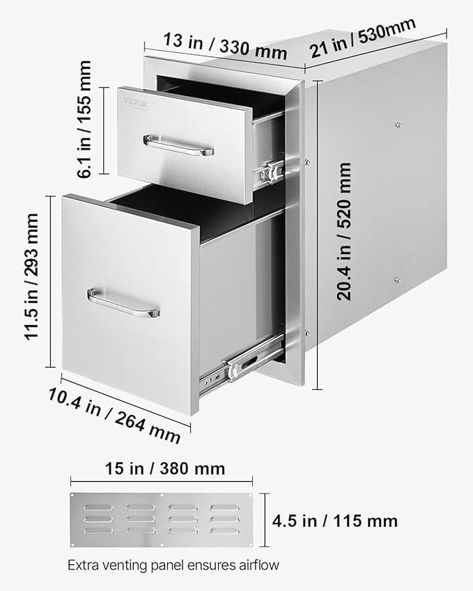 VEVOR Outdoor Kitchen Drawers 13" W x 20.5" H x 21" D, Flush Mount Double BBQ Access Drawers with Stainless Steel Handle, BBQ Island for Outdoor Kitchens or Patio Grill Station