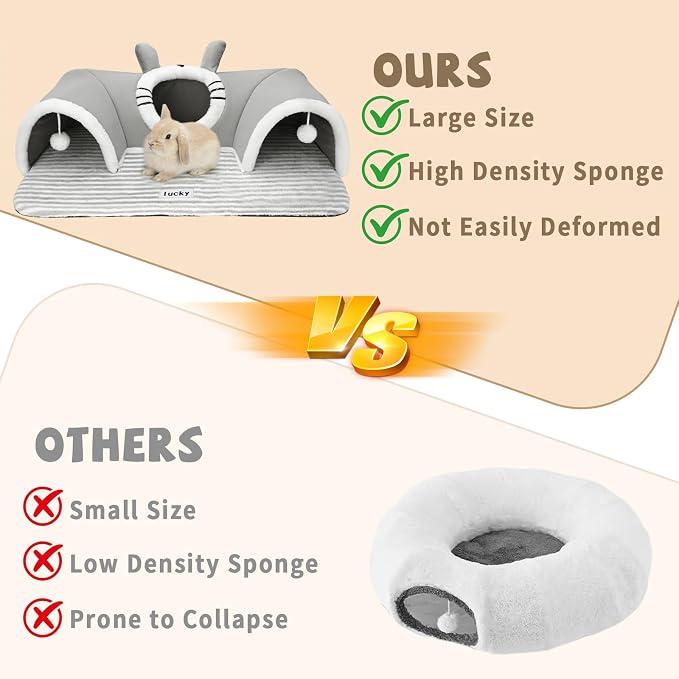 YUEPET 3-Way Bunny Tunnel Bed, Rabbit Tunnel for Indoor, Bunny Play Tunnel | Cozy Bunny Bed, Washable Rabbit Tunnels for Indoor Bunnies, With Removable Cushion, Anti-Slip Base, 29.5 x 21.7 in, Grey